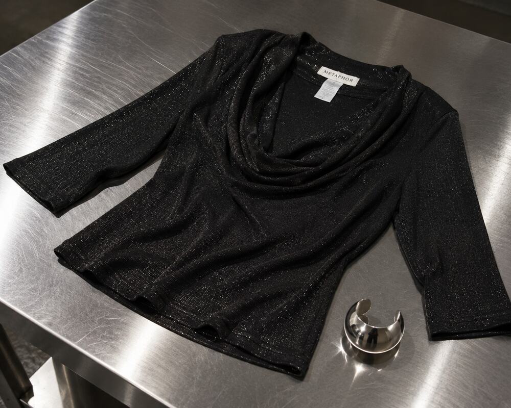 Metaphor Black Metallic Cowl Neck Top Size L Made in USA